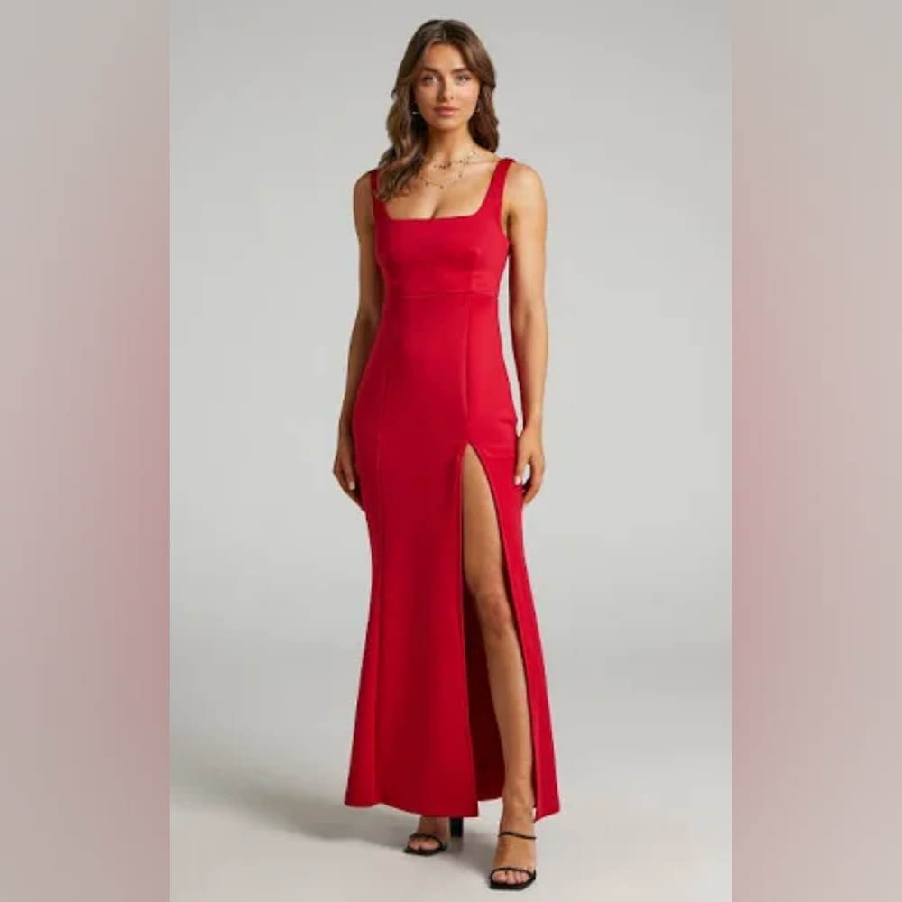 Showpo. Raquelle Square Neck Thigh Split Maxi Dress in Red
